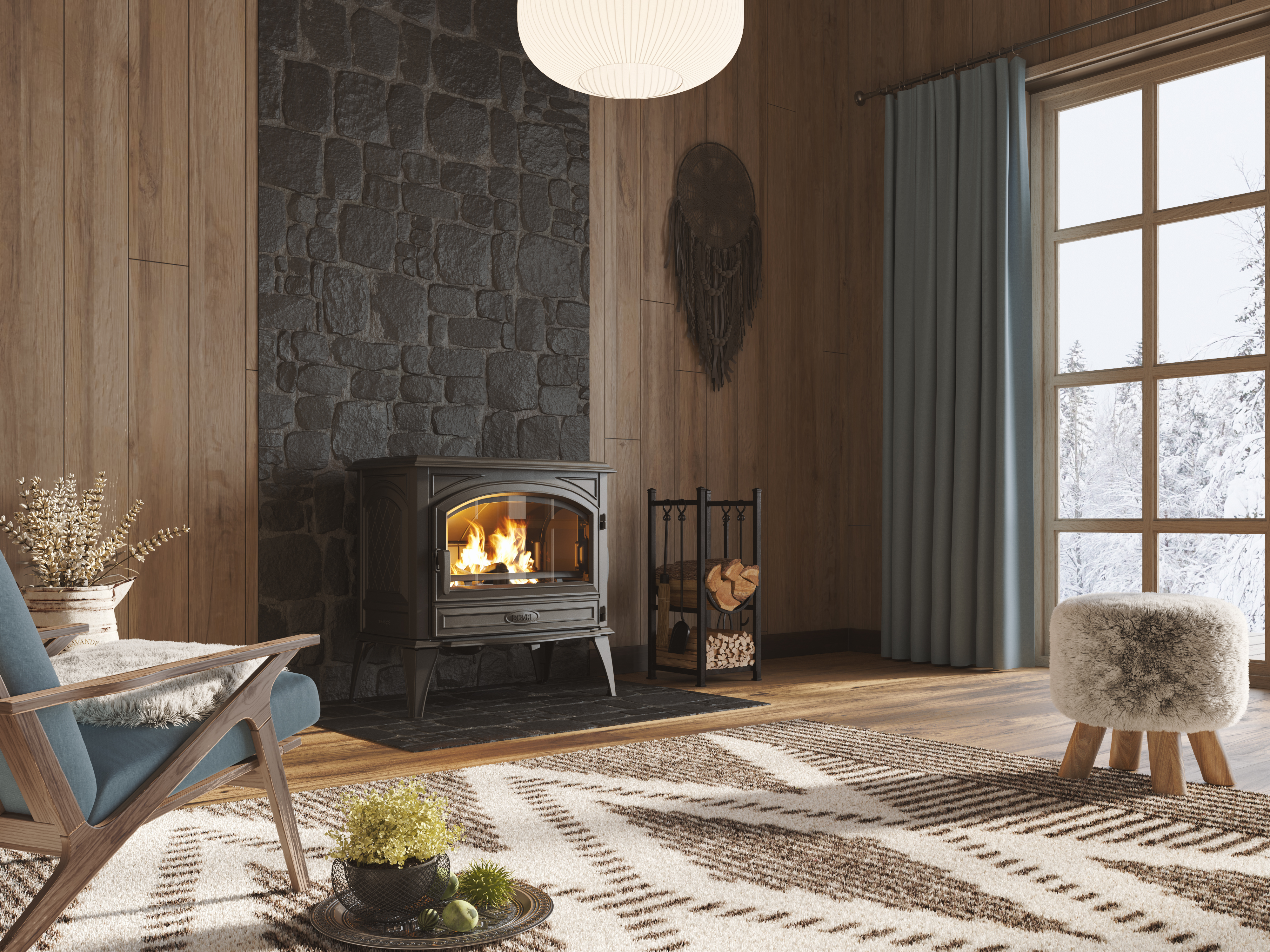 Dovre peisovn 760 WD i en lun stue med tydelig vinter utenfor